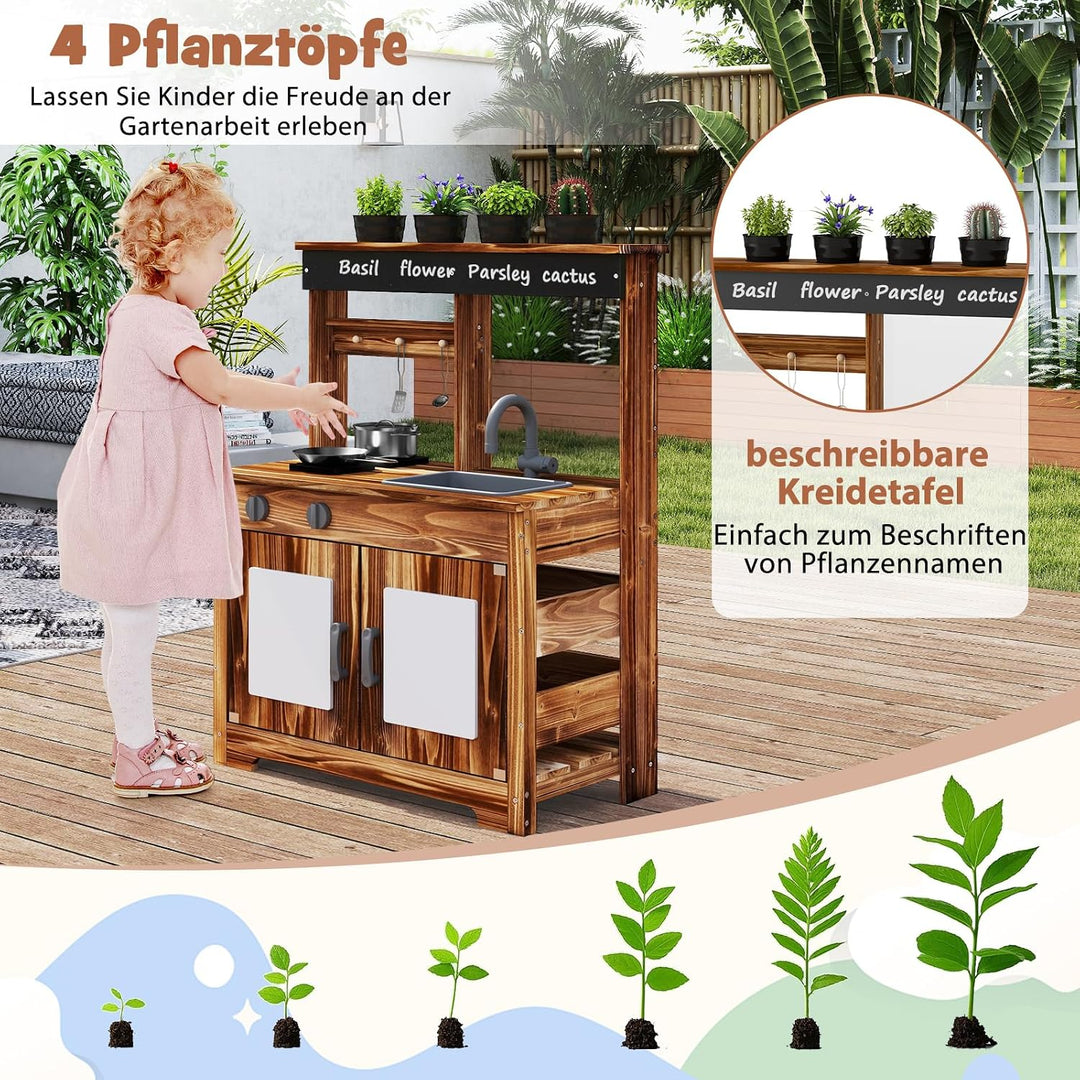 DREAMADE Matschküche Kinder Outdoor, Spielküche aus Tannenholz mit Waschbecken, Wasserhahn, 2 Herden