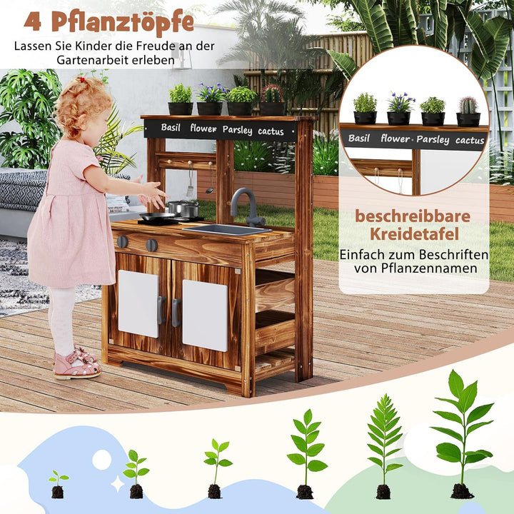 DREAMADE Matschküche Kinder Outdoor, Spielküche aus Tannenholz mit Waschbecken, Wasserhahn, 2 Herden