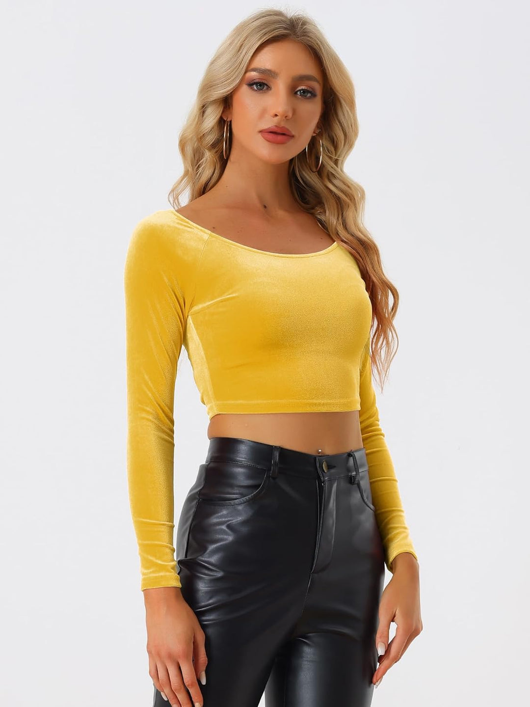 Allegra K Damen Velvet Crop Top Langarm Party Samt Bauchfrei Oberteil Top Bluse S Gelb, S Gelb