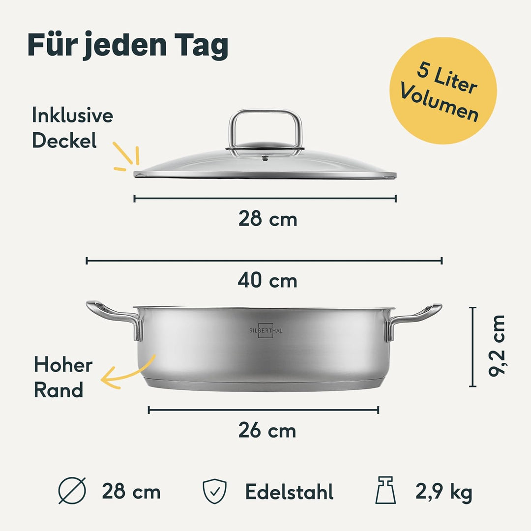 SILBERTHAL Schmorpfanne Unbeschichtet 28 cm hoher Rand - Servierpfanne mit Deckel - Backofengeeignet