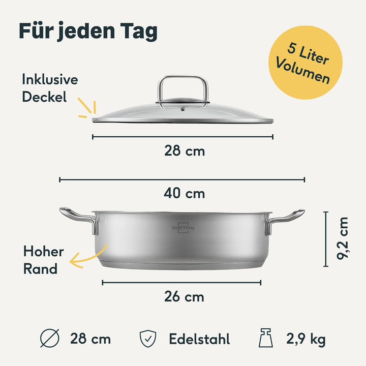 SILBERTHAL Schmorpfanne Unbeschichtet 28 cm hoher Rand - Servierpfanne mit Deckel - Backofengeeignet