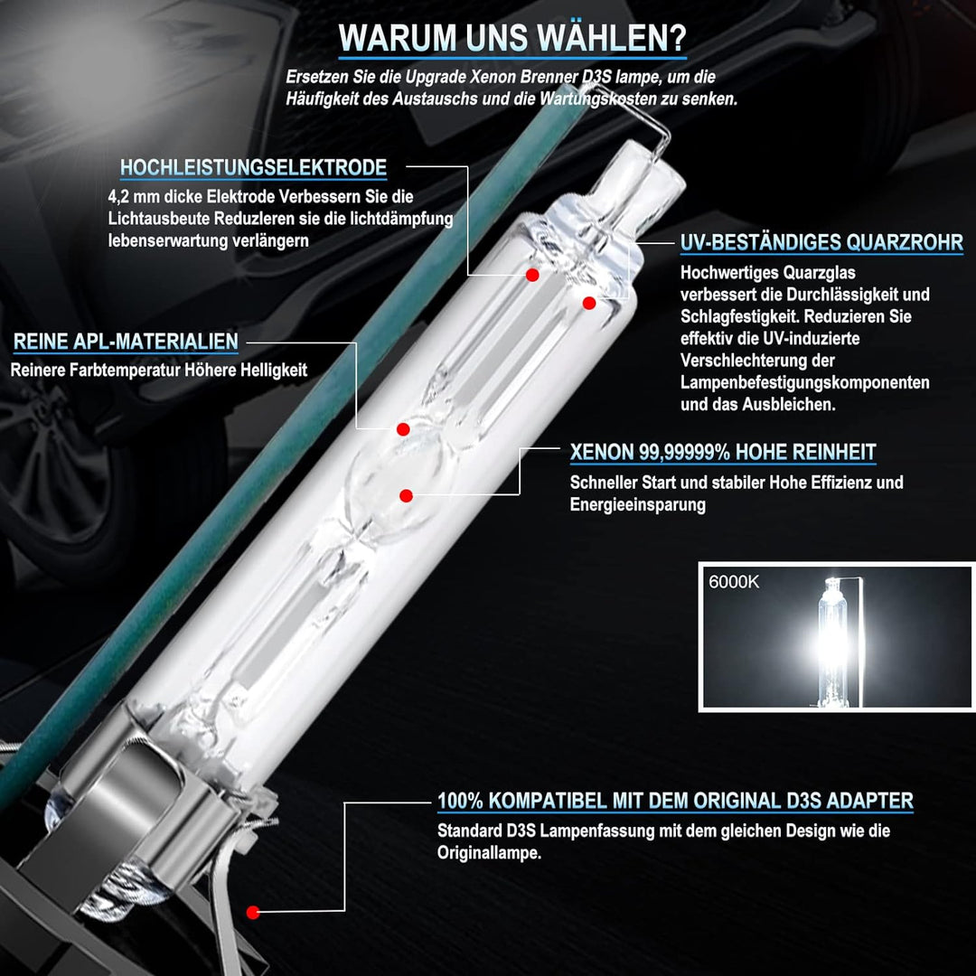 XELORD D3S 6000k Xenon Brenner Birne 35W HID Scheinwerferlampe 12V Autolampe(2 Stück)