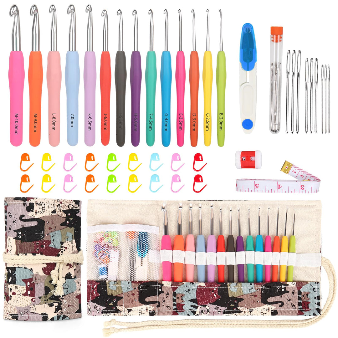 Coopay Häkelnadel Set mit Rolle Tasche, 14 Stück Häkelnadeln für Arthritische Hände, 2,0-10 mm Länge