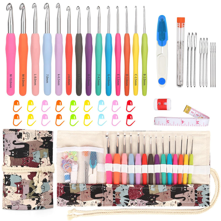Coopay Häkelnadel Set mit Rolle Tasche, 14 Stück Häkelnadeln für Arthritische Hände, 2,0-10 mm Länge