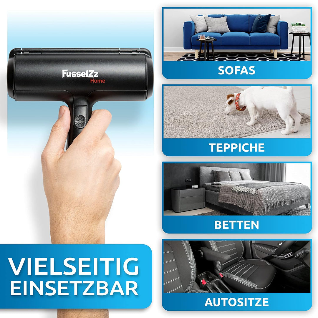 FusselZz® Home Premium Fusselrolle Schwarz Tierhaare - Selbstreinigender Tierhaarentferner zum Katze