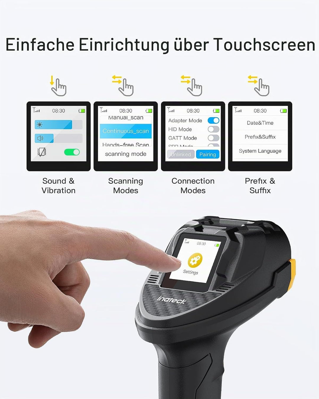 Inateck Barcode Scanner Bluetooth, 2D 1D Wireless Handheld Scanner, QR Code Scanner, mit Touchscreen