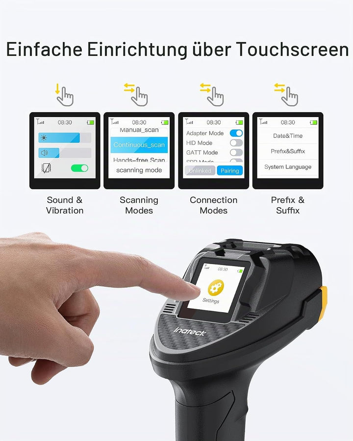 Inateck Barcode Scanner Bluetooth, 2D 1D Wireless Handheld Scanner, QR Code Scanner, mit Touchscreen