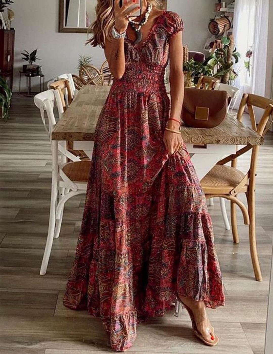 ABYOVRT Sommer Kleider Damen Sommerkleid Boho Lang Kleider Böhmisch Blumen Strandkleid V-Ausschnitt