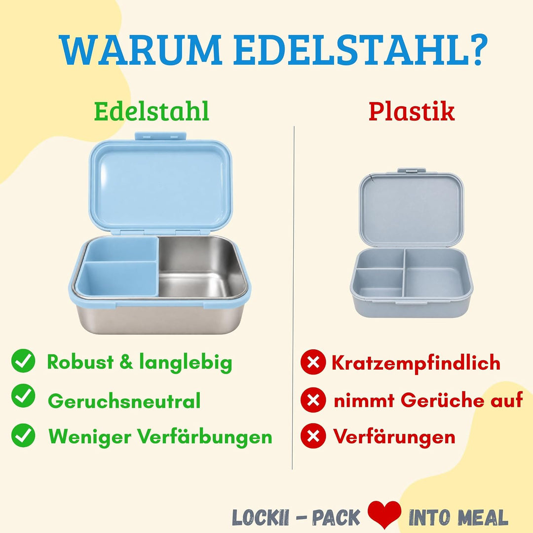 Kinder Brotdose Edelstahl 1000 ml mit Snackbox – Lunchbox mit Fächern, Edelstahl-Boden und BPA-freie