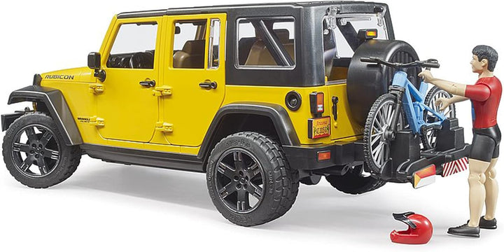 bruder 02543 - Jeep Wrangler Rubicon Unlimited mit Mountainbike &amp; Radfahrer- 1:16 Geländewagen Fahrr