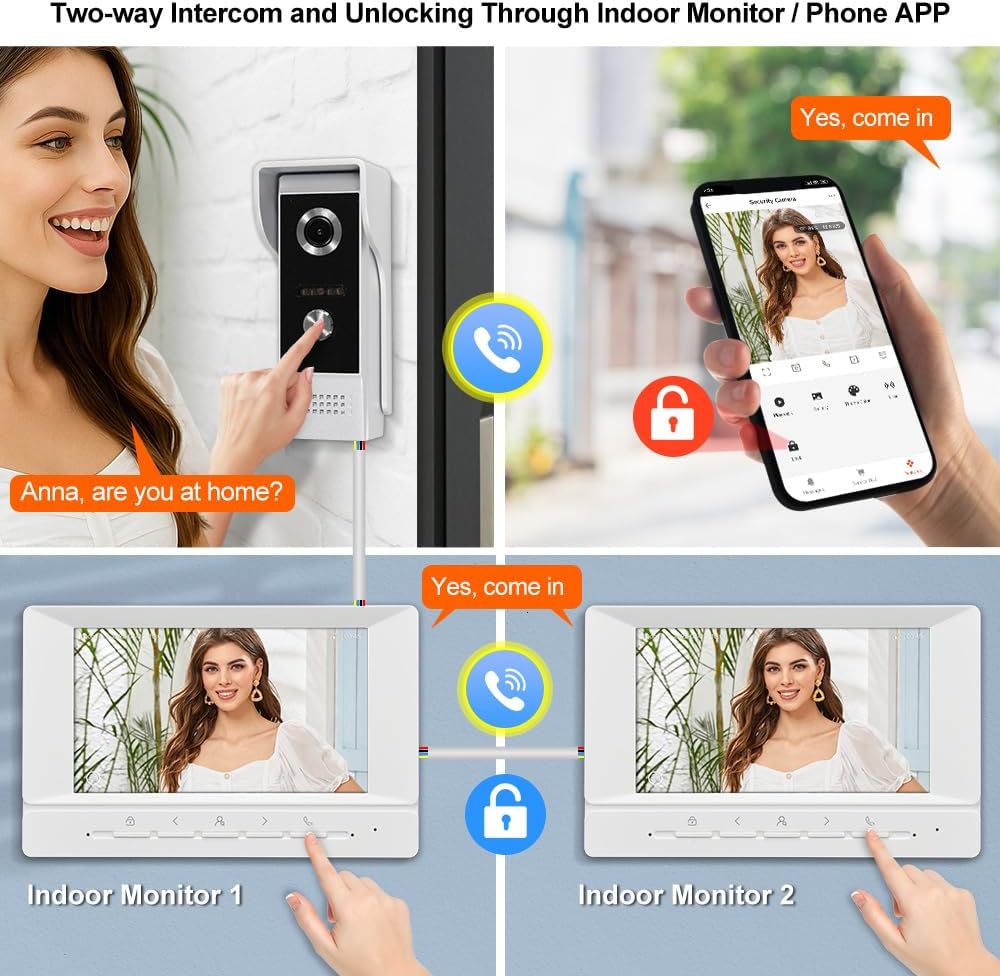 WLAN Video Türtelefon Intercom System 1080P HD Kamera Video Türglocke mit 2 Monitoren 7 Zoll Farbbil