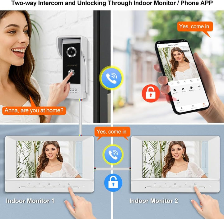 WLAN Video Türtelefon Intercom System 1080P HD Kamera Video Türglocke mit 2 Monitoren 7 Zoll Farbbil