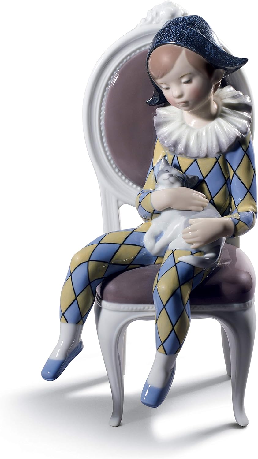 LLADRÓ Jungen-Figur Harlekin Kind. Sitzend. Blau Un Gelb. Clown. Porzellan.