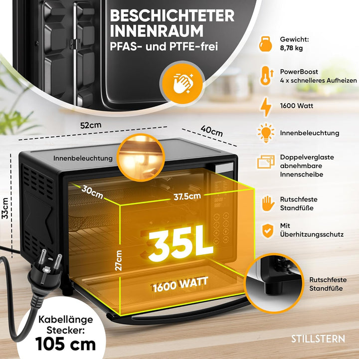 Stillstern Minibackofen mit Umluft (35L) Deutsche Version, 13 Programme, Zubehör: Backblech, Drehspi