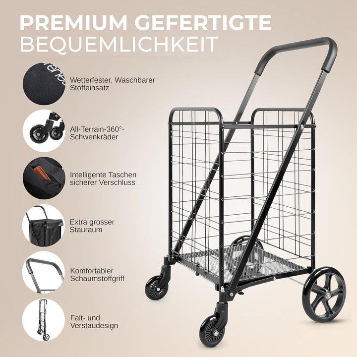 SereneLife Einkaufstrolley, Einkaufswagen Klappbar mit 50L Kapazität, Shopping Trolley belastbar bis
