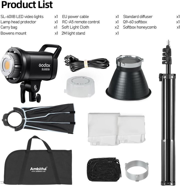 Godox SL60II-Bi LED Video Light 2800K-6500K Bi-Color Continuous Light with APP&Remote Control + PS60