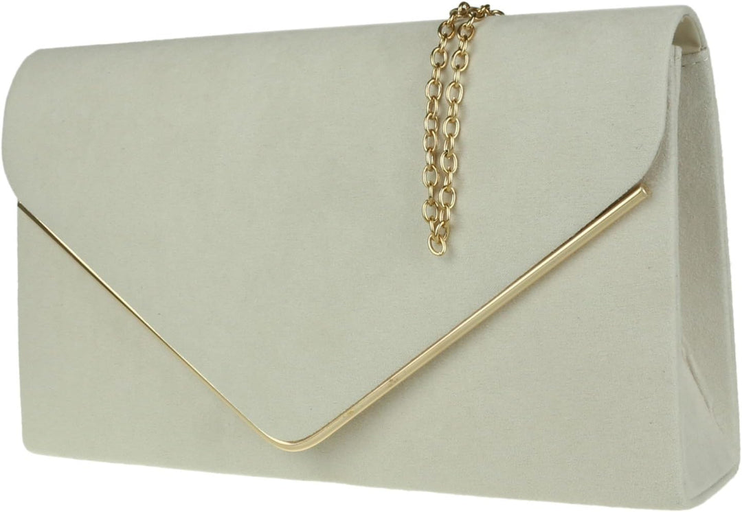 Girly Handbags Faux Suede Clutch Bag Envelope Metallic Frame Women Handbag Ivory Elfenbein, Elfenbei