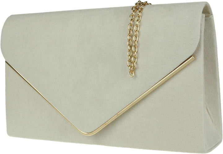 Girly Handbags Faux Suede Clutch Bag Envelope Metallic Frame Women Handbag Ivory Elfenbein, Elfenbei