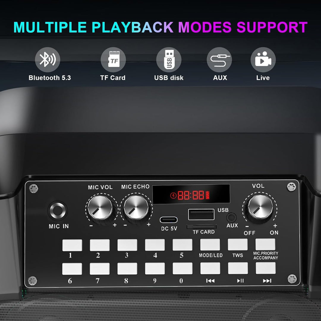 Karaoke Maschine,30W Tragbare Bluetooth Lautsprecher mit 2 Drahtlosen Mikrofon,6000mAh Akku 8H Spiel