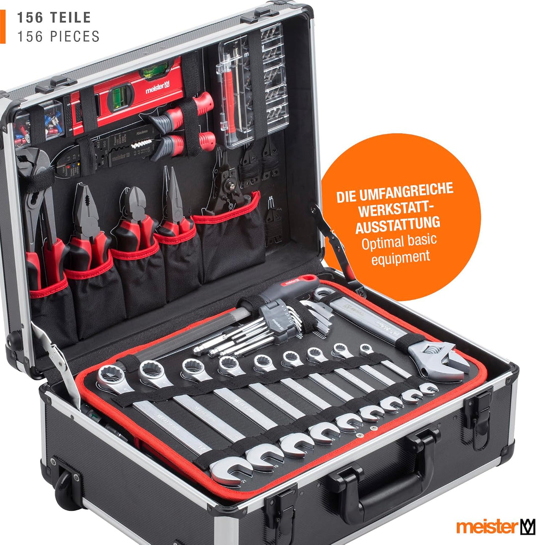 Meister Werkzeugtrolley 156-teilig - Werkzeug-Set - Mit Rollen - Teleskophandgriff / Profi Werkzeugk