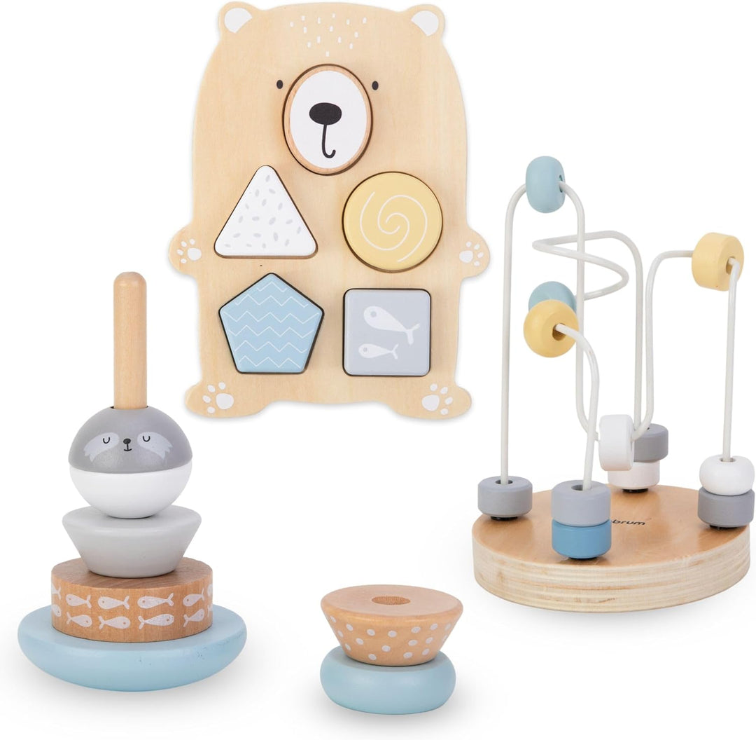 mamabrum Holzspielzeug-Set - Motorikschleife, Pyramide, Sortierbär & Sortierbrett für Baby & Kleinki
