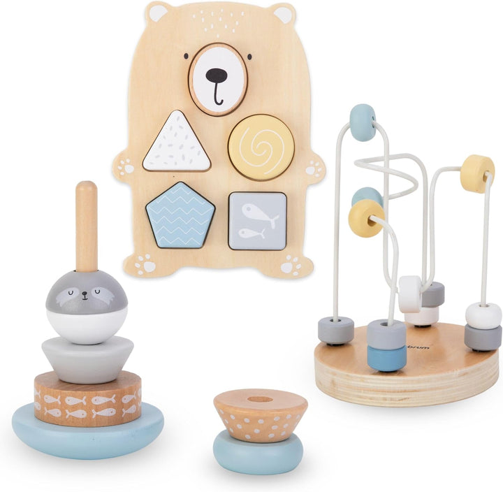 mamabrum Holzspielzeug-Set - Motorikschleife, Pyramide, Sortierbär & Sortierbrett für Baby & Kleinki