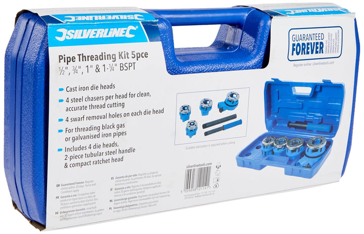 Silverline - Gewindeschneidkluppe, 5-tlg. Satz 1/2, 3/4, 1 u. 1 1/4 Zoll BSPT (868556) Single, Singl