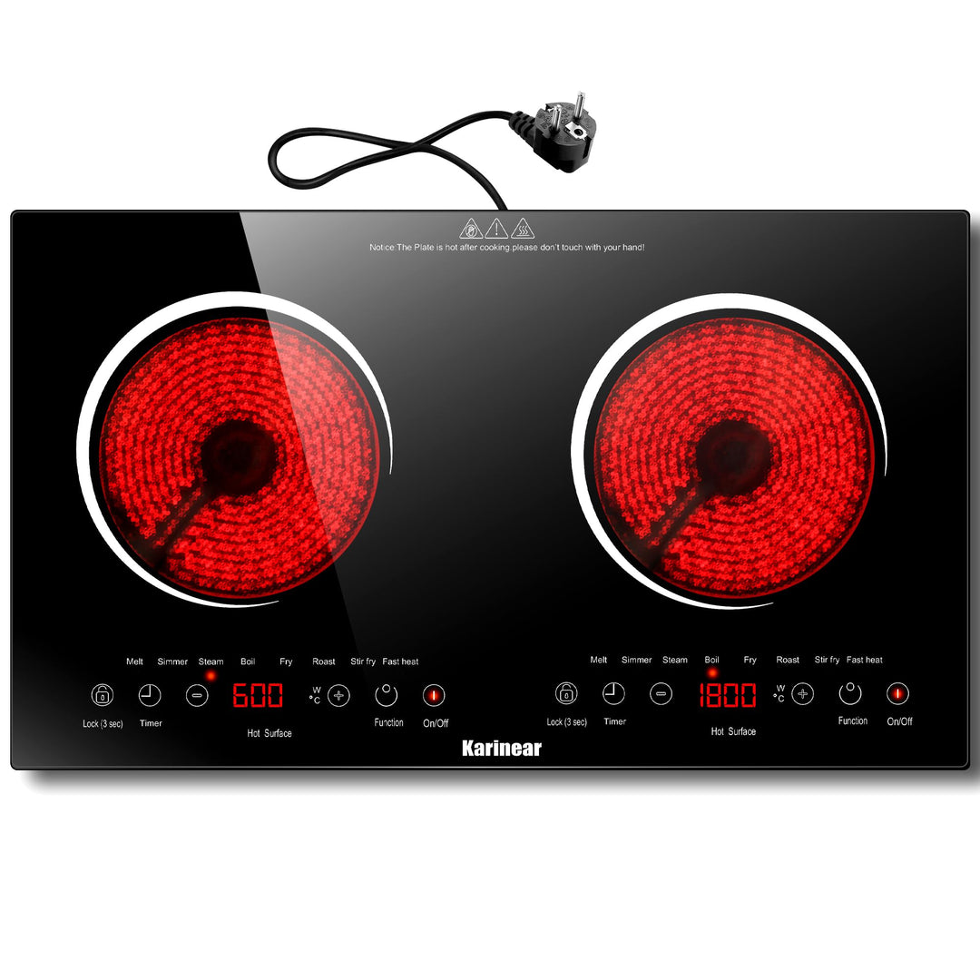 Karinear Herdplatte 2 Kochfelder, 3600W Kochplatten 2er Elektrisch, 2 Platten Kochfeld mit Stecker,