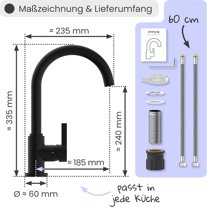 instmaier K3 Küchenarmatur | Wasserhahn Küche Schwarz matt | Spültischarmatur mit hohem Auslauf | Ar