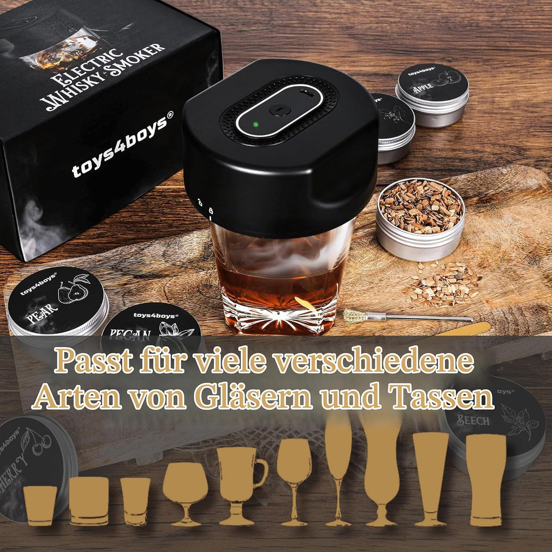 Toys4Boys Elektrischer Whisky Smoker Set - Whiskey Smoker Kit mit 6 Holzsorten - USB Räuchergerät fü