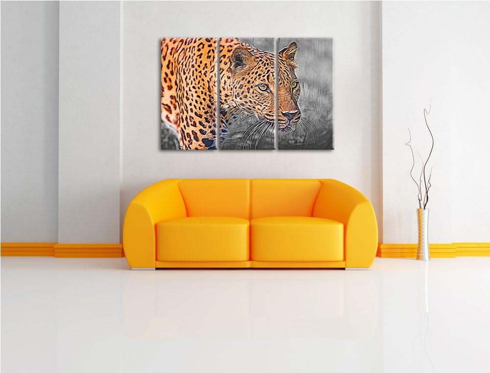 schleichender Leopard schwarz/weiss Deluxe 3-Teiler Leinwandbild 120x80 Bild auf Leinwand, XXL riesi