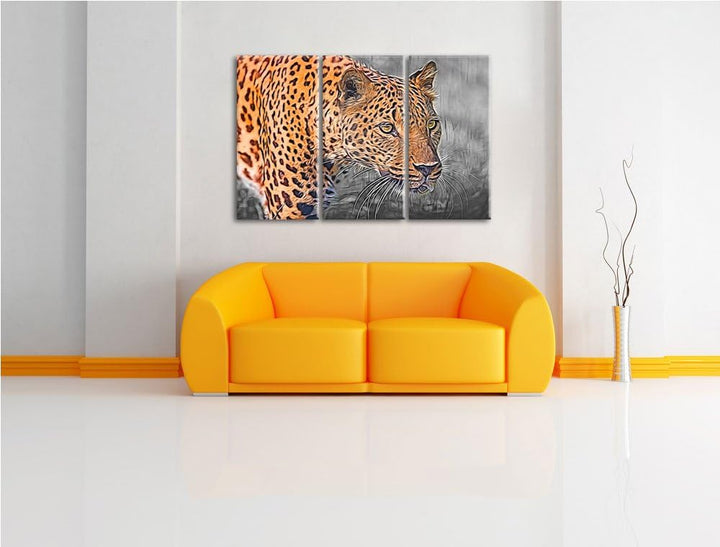 schleichender Leopard schwarz/weiss Deluxe 3-Teiler Leinwandbild 120x80 Bild auf Leinwand, XXL riesi