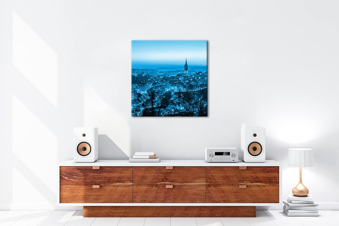 verschneites Bern in der Schweiz Format: 60x60 Effekt: Monocrome Blau als Leinwandbild, Motiv fertig