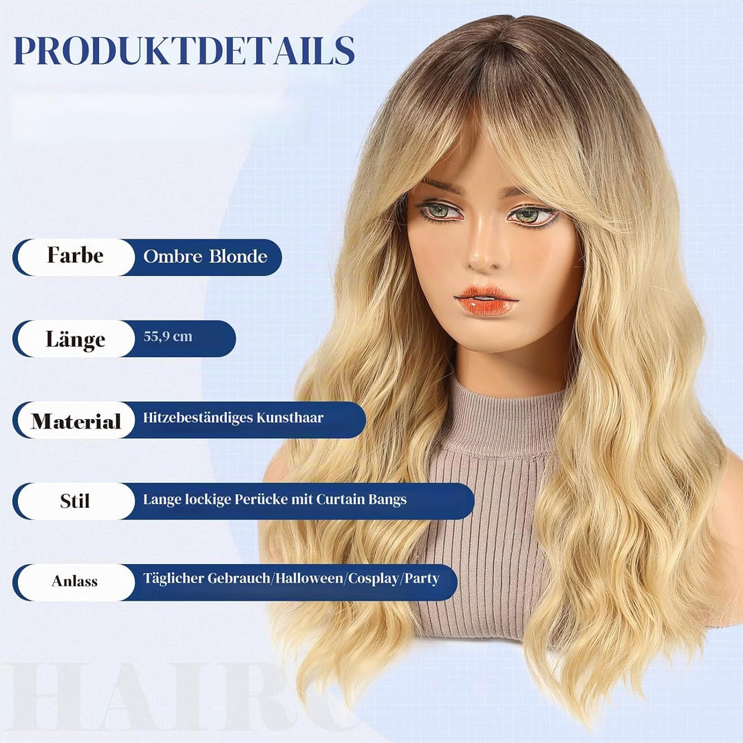 HAIRCUBE Damen Perücke,Ombre Blonde Perücke Lange Lockige Mit Pony Für Frauen,Natürliche Synthetisch