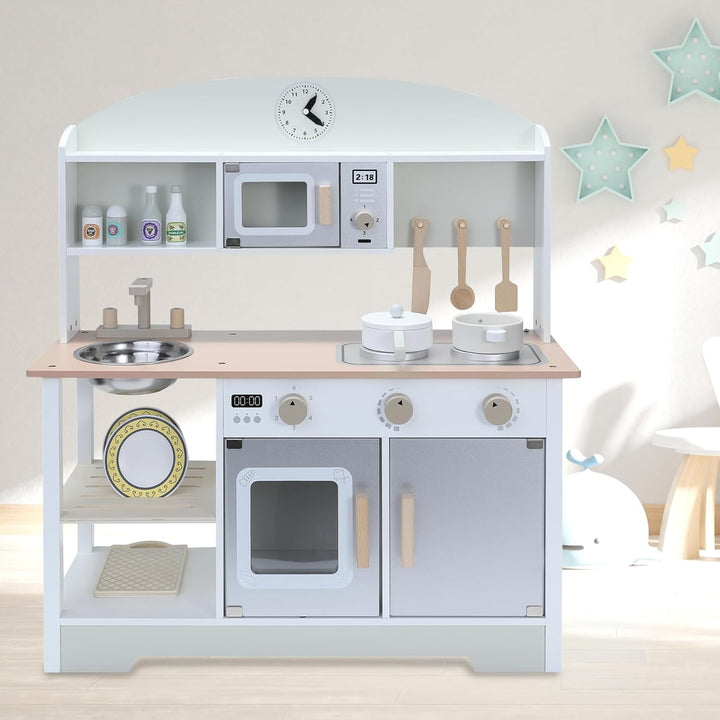 Kinderküche aus Holz mit Zubehör, Spielküche für Kinderzimmer, inkl. Herd, Ofen, Mikrowelle, Kühlsch