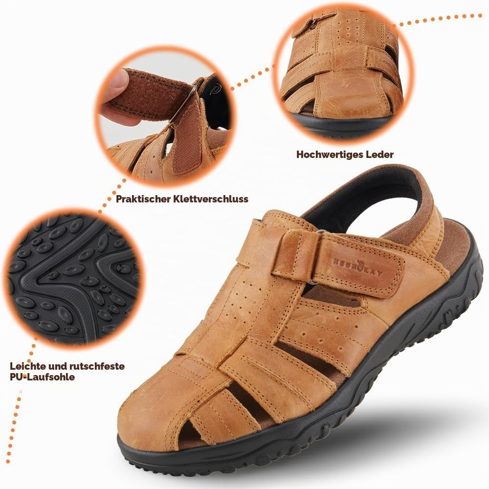 MGGMOKAY Herren Leder Sandalen Fisherman Closed Toe Outdoor Sandales 44 EU Bräunen, 44 EU Bräunen