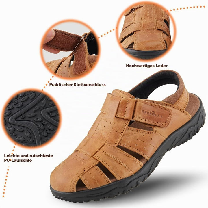 MGGMOKAY Herren Leder Sandalen Fisherman Closed Toe Outdoor Sandales 44 EU Bräunen, 44 EU Bräunen