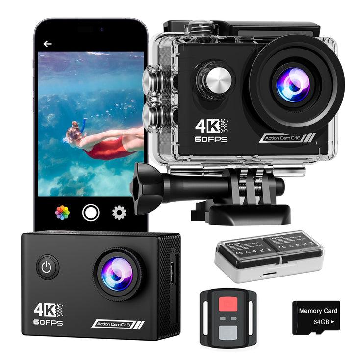TIMNUT 4K60FPS Action Kamera, 40M wasserdichte Action Cam Unterwasserkamera mit 64 GB SD-Karte, 6-Ac