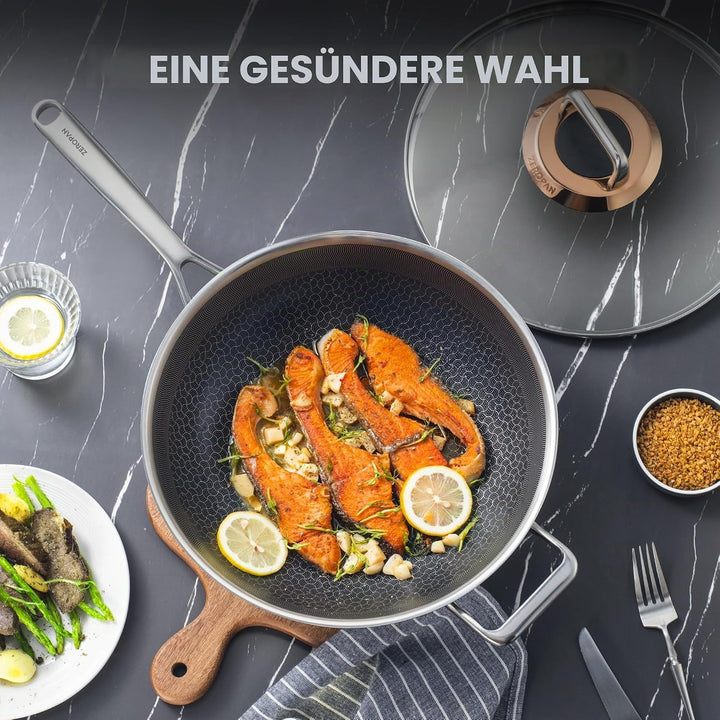 Wokpfanne mit Deckel Hybrid 30cm, Wabenpfanne Antihaft Edelstahl, kühl bleibender Griff, spülmaschin