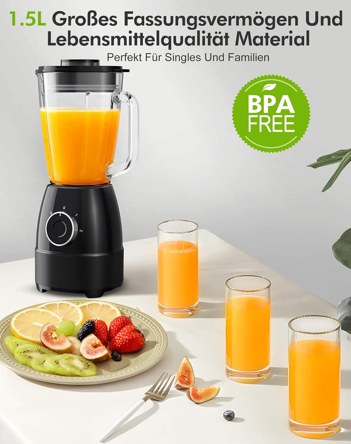 Mixer, Smoothie Maker, Standmixer, 1500 Watt Hochgeschwindigkeits Mixer Smoothie Maker mit 1,5L Glas