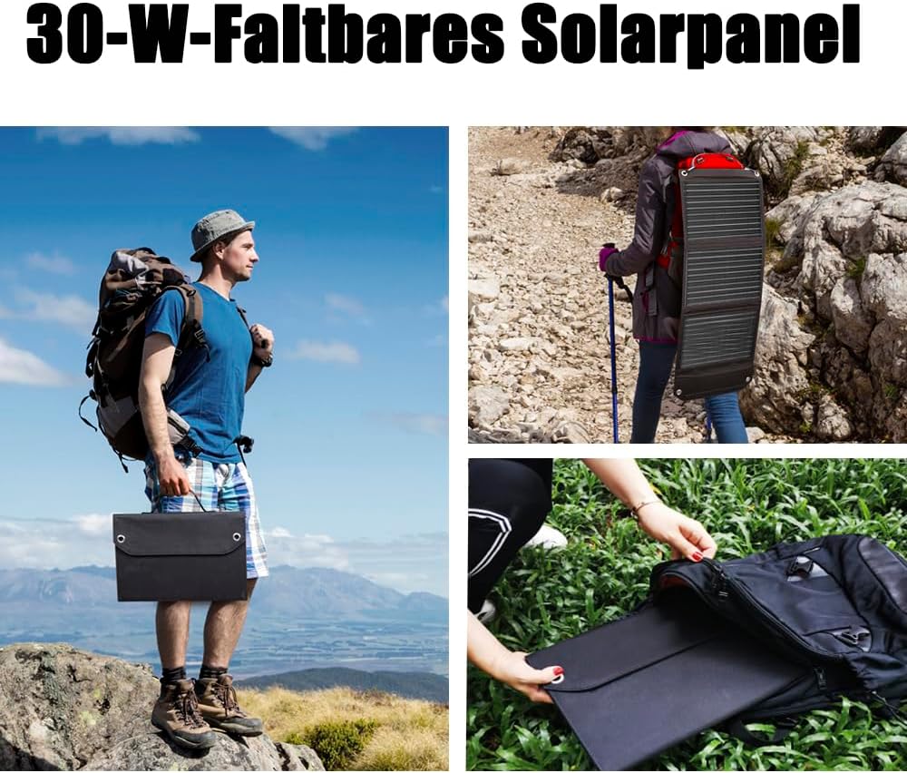 30W Tragbares Faltbares Solarpanel mit Schnellladefunktion, USB-/DC-/Typ-C-Ausgängen, Solarladegerät