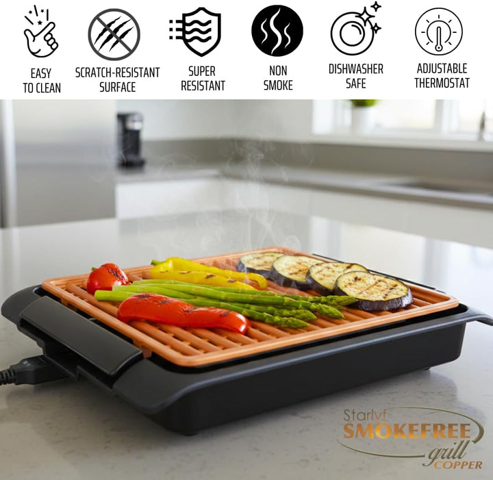 STARLYF Smokefree Grill Copper + Grillplatte, ohne Rauch oder Gerüche, Grill mit Kupfer-Antihaftbesc