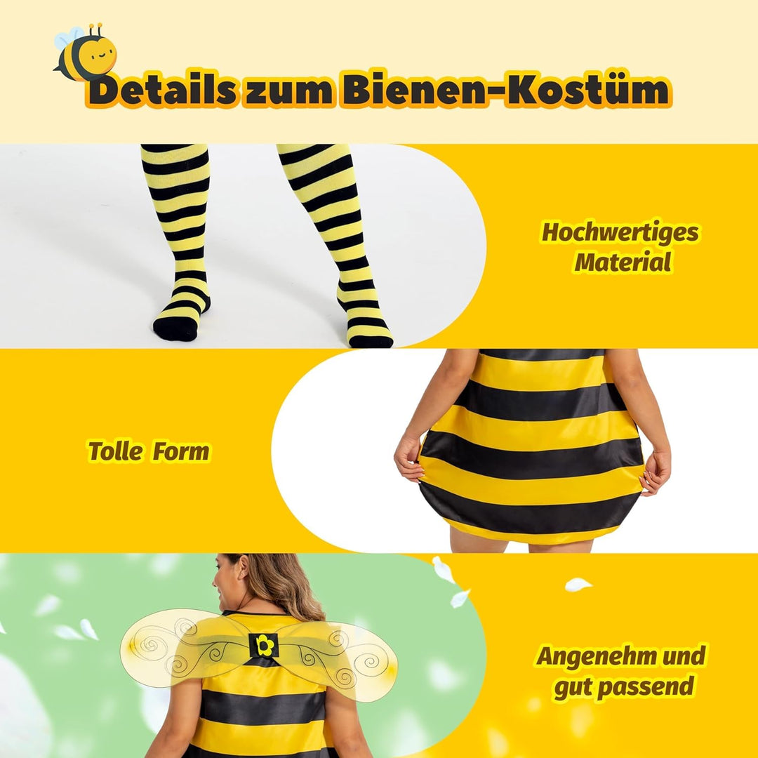 cuteDIY Grosse Grössen Bienenkostüm Erwachsene Bienen Kostüm Damen 42-60, Bienenkostüm Kinder 92-140