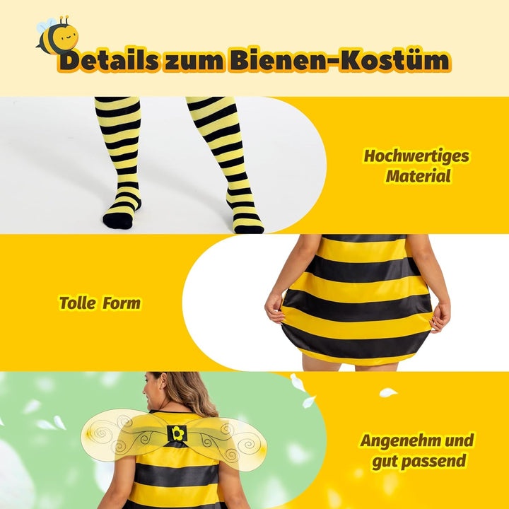 cuteDIY Grosse Grössen Bienenkostüm Erwachsene Bienen Kostüm Damen 42-60, Bienenkostüm Kinder 92-140