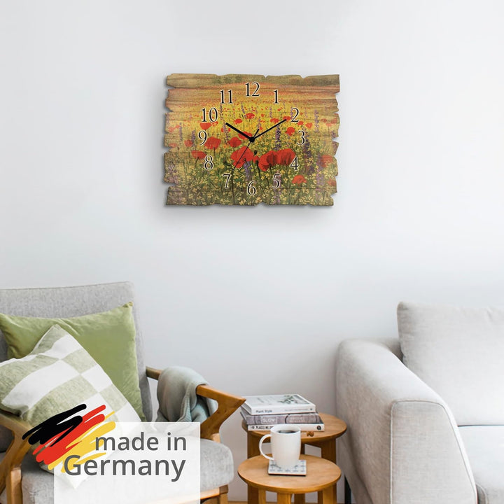 ARTLAND Wanduhr ohne Tickgeräusche aus Holz Quarz Uhr lautlos 40x30 cm Rechteckig Blumenwiese Blumen