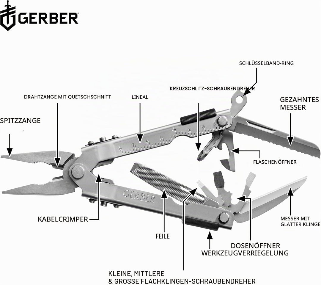 Gerber Multi-Tool mit zwei Messern und Leder-Scheide, MP600 Full-Size, Mit 14 Funktionen, Silber, 75