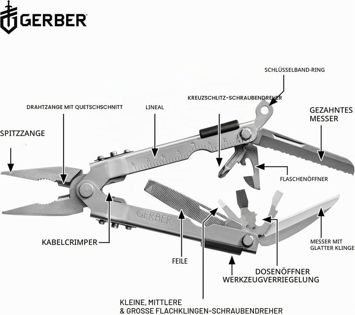 Gerber Multi-Tool mit zwei Messern und Leder-Scheide, MP600 Full-Size, Mit 14 Funktionen, Silber, 75