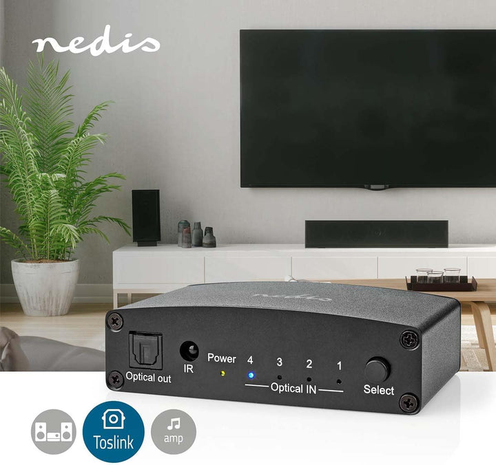 Nedis Digital-Audio-Switch | 4-Wege | Anschlüsse – Eingang: DC Power / 4X TosLink | Anschlüsse – Aus