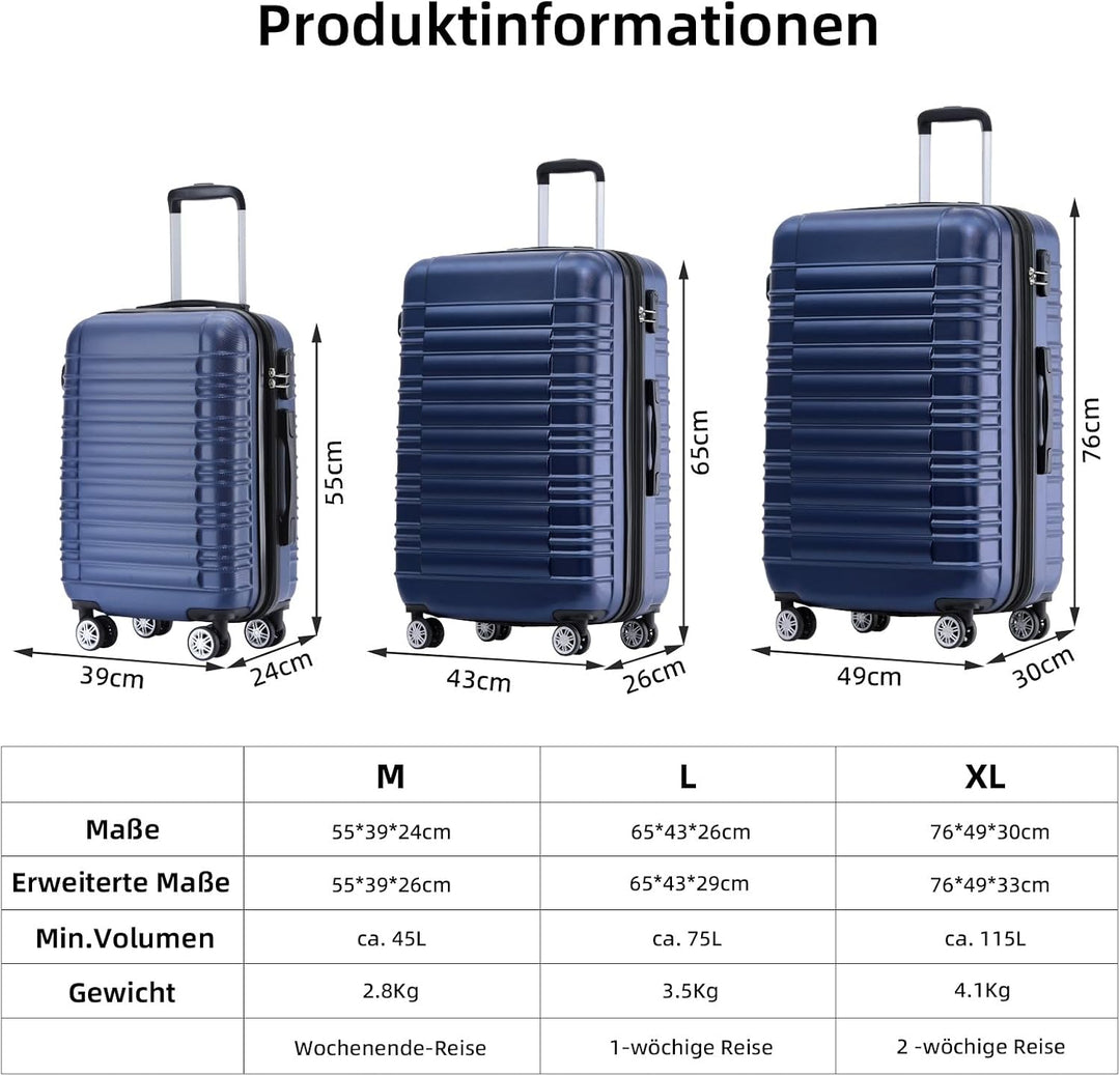 BEIBYE Hartschalen Koffer Trolley Rollkoffer Reisekoffer Zwillingsrollen Kofferset (Dunkelblau, Set)