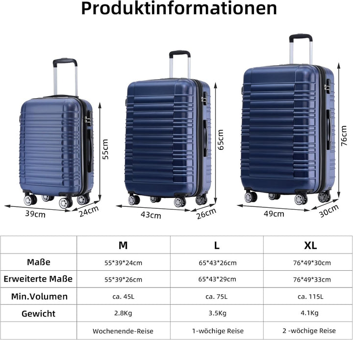 BEIBYE Hartschalen Koffer Trolley Rollkoffer Reisekoffer Zwillingsrollen Kofferset (Dunkelblau, Set)